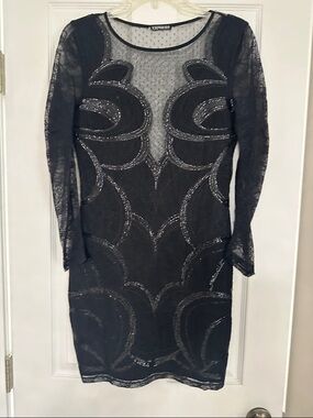 Express Black Beaded Sheer Lace Long Sleeve Dress